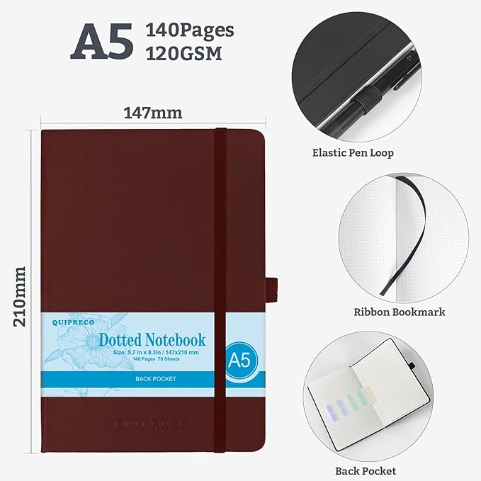 2Pack Bullet Dotted Journal Hardcover Notebook, A5 140 Pages 120Gsm Thick Paper for School,Note Taking,Work,Diary，5.7''*8.3'',Burgundy