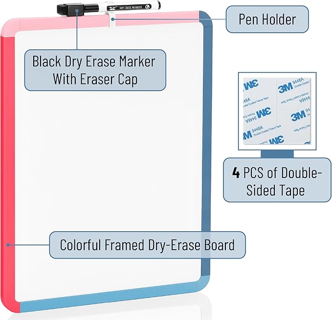 Mr. Pen- Dry Erase Board, 14” x 11” with a Black Dry Erase Marker, Pink Tide Frame, Small Mini White Board for Students, Fridge, Wall, Locker, Includes Double Sided Tapes