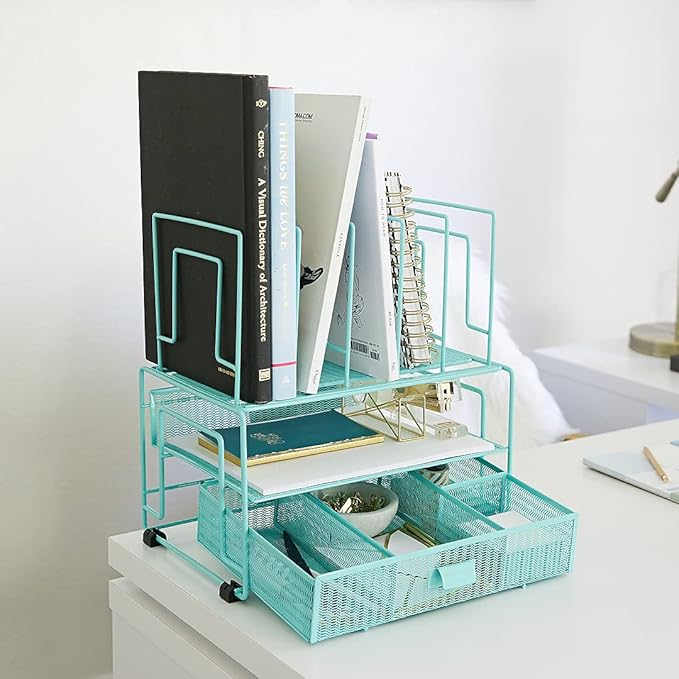 BLU MONACO Mint Green Desk Organizer With File Sorters and Drawer | Metal Mesh Desktop Storage for Office Supplies, Papers, Devices and Folders | 9.3”D x 12.5”W x 14”H All-In-One Workspace Holder