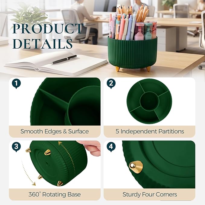 KONVINIT Pencil Pen Holder for Desk, 5 Slots 360-Degree Rotating Desktop Organizer, Cute Desk Organizers and Accessories for School, Home, Office and Art Supply, Dark Green