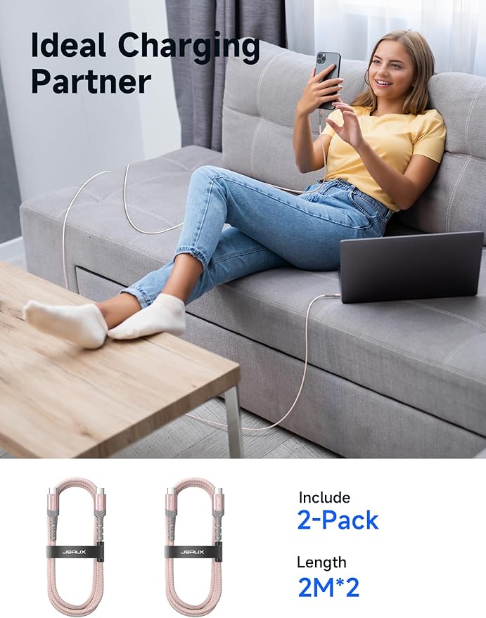 JSAUX 100W USB C to USB C Cable for iPhone 17, USBC Type C Charge Cord 5A Fast Charging Compatible with iPhone 17 Air 16 15 Pro Max Samsung Galaxy S25 S24 MacBook iPad Pro Carplay (2-Pack, 6.6ft) Pink