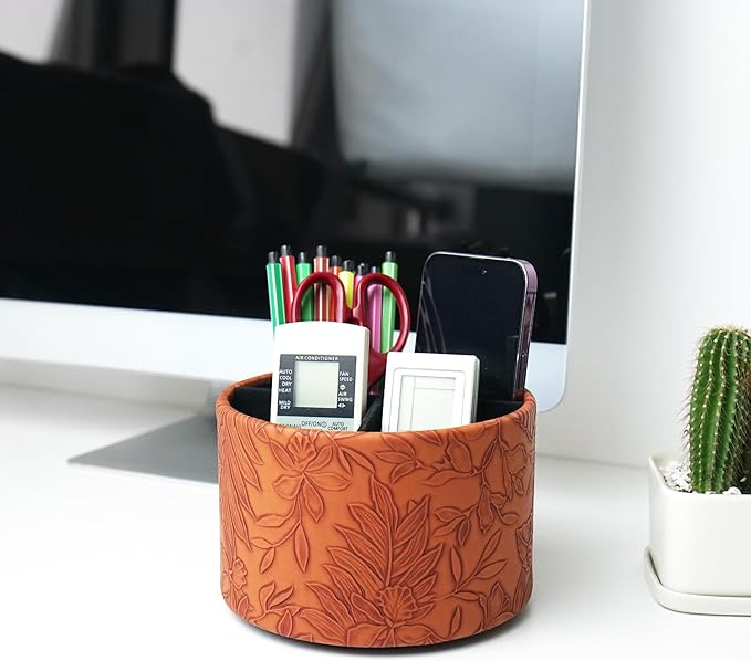 Round Leather Art Supply Organizer,Remote Control Holder,360 Degree Spinning,Multi-Functional Pencil Holder,4 Compartments Desktop Stationary Organizer(1-Carved Brown)