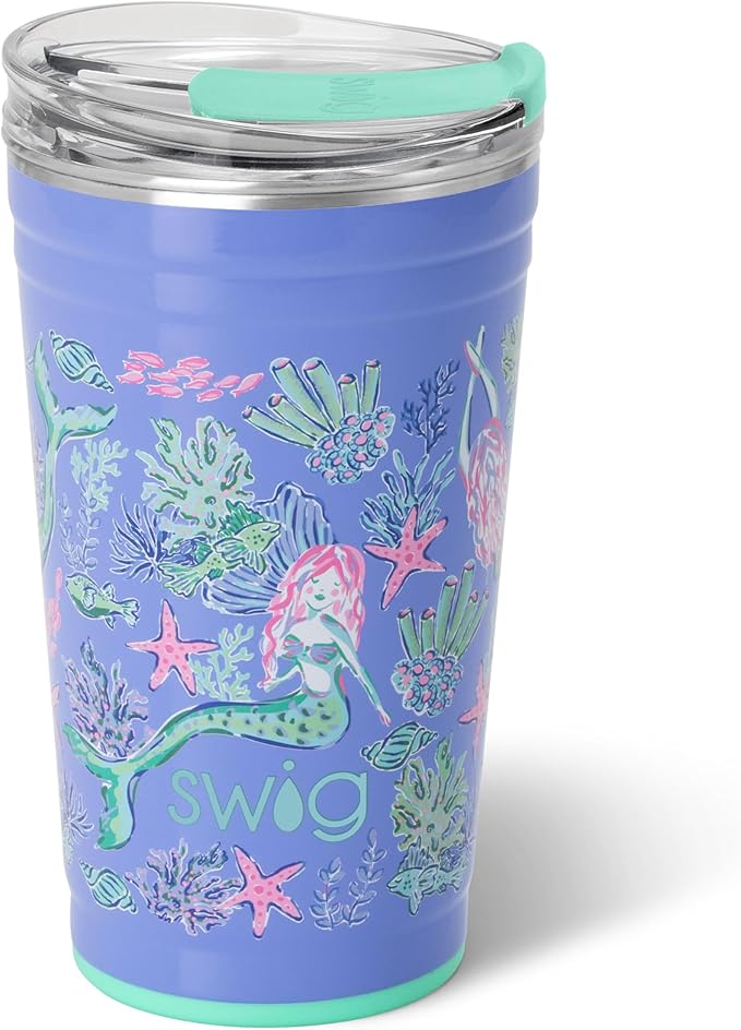 Swig Life 24oz Party Cup, Stackable Insulated Party Cup with EZ Flow Lid, Cup Holder Friendly, Dishwasher Safe, Stainless Steel, Large Travel Tumbler for Hot and Cold Drinks (Under the Sea)