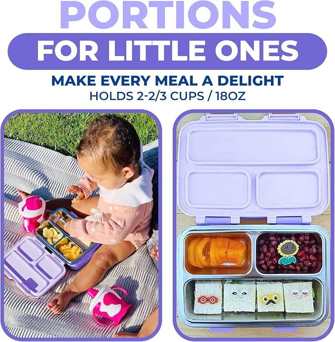kinsho Small Stainless Steel Bento Box Lunch Container Baby Toddlers Purple | Mini Lunchbox, 3 Eco Metal Portion Sections, Leakproof Lid, Spill-Proof, 18 oz Girls Kids Snack Container Pre School Daycare