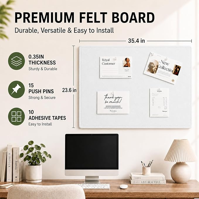 Felt Bulletin Board for Wall 48" x 36" Unfolded Size, Large Frameless Felt Pin Board, Soft Cork Board Alternative for Office, Home Planning, Notes, Photos & Wall Decor, Foldable Shipping, Easy Install