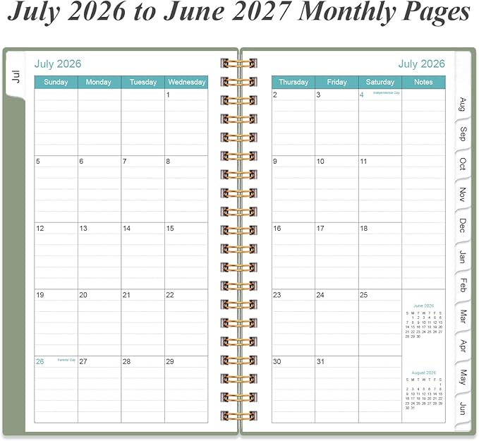 2026-2027 Pocket Planner/Calendar - 2026-2027 Planner from July 2026 - June 2027, Planner 26-27 with 12 Tabs, Twin-Wire Binding, Inner Pocket, 3.75" x 6.75, Green