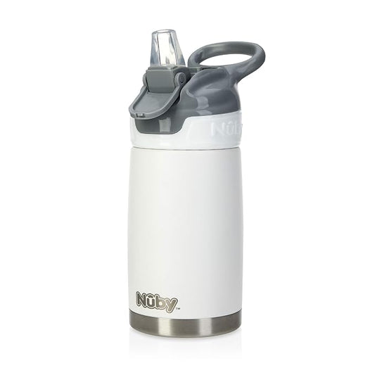Nuby Thirsty Kids No Spill Flip-It Reflex Stainless Steel Travel Cup or Water Bottle - 10 Oz - 18+ Months - White - Back to School Essentials