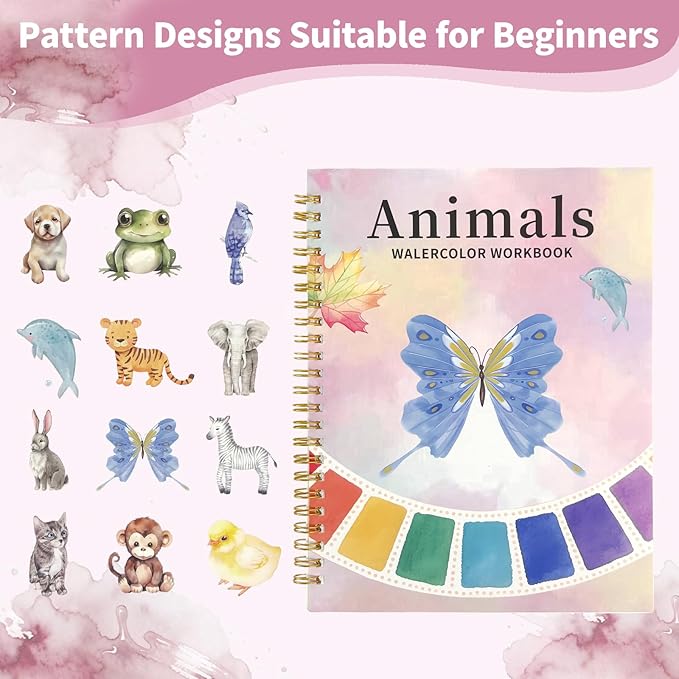 Watercolor Workbook, Watercolor Coloring Book Beginner Friendly Painting kit for Adults, 12 Colors Water Color Paint with Palette & 2 Brush, Exploration Gift (Animals)