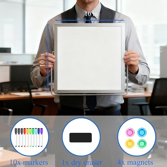 Small Desk Dry Erase Board with Stand, 10" x 10" Magnetic Double-Sided Desktop Whiteboard, 10 Markers, 4 Magnets & 1 Eraser, Portable Mini Whiteboard for Office, Kitchen, Home, School
