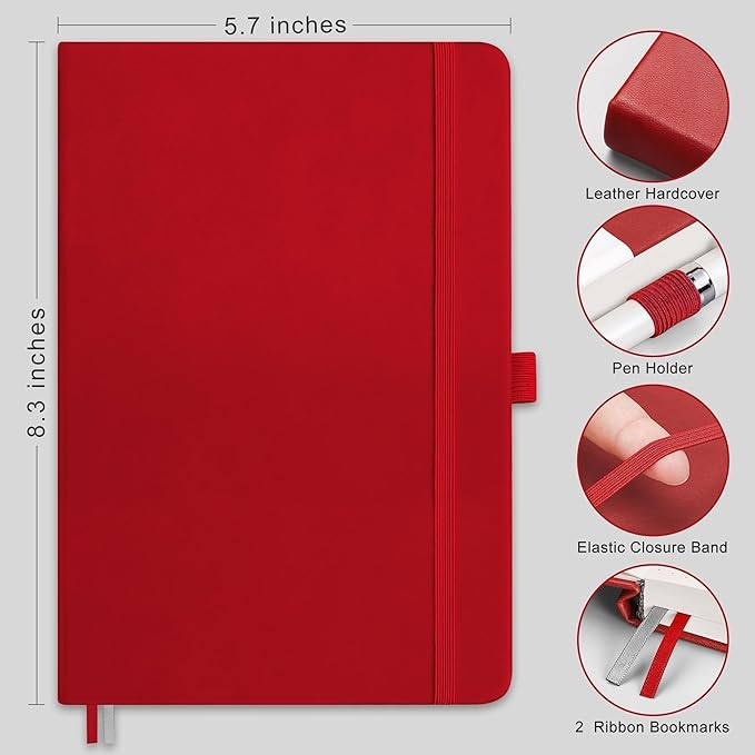 RETTACY Dotted Journal Notebook, 320 Numbered Pages, A5 Medium Size (5.7'' × 8.3''), Leather Hardcover, 100 GSM Thick Paper, for Journaling, Planning, Tracking (Red)