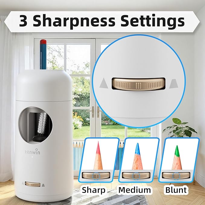 tenwin Rechargeable Electric Pencil Sharpener, Fully Automatic Pencil Sharpener for 7-11.5mm Jumbo Pencils, Hands-Free Sharpener for Colored Pencils, Auto in&Out, Adjustable Pencil Nibs, Silver