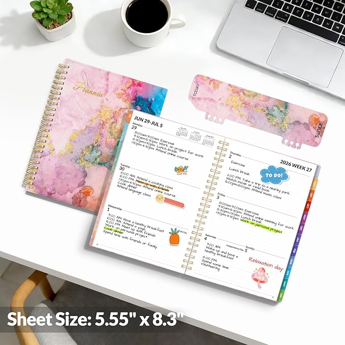 SUNEE Academic Planner 2026-2027 – Weekly & Monthly Planner, July 2026 to June 2027, 6.4"x8.3", Thick Paper, Tabs, Pockets, Bookmark, Spiral-Bound, Student Teacher Organizer, Marble