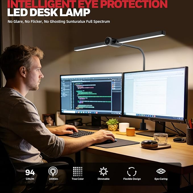 Honeywell Led Desk Lamp with Clamp - HJ4 Sunturalux™, Flexible Dual‑Head Clip‑On Gooseneck Desk Lamps for Home Office, 4 Color Temperature Modes, Stepless Dimming Eye Caring Computer Light, Black