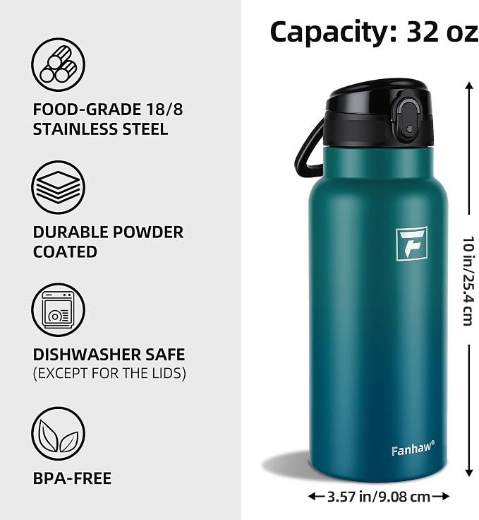 Fanhaw 32 Oz Insulated Stainless Steel Water Bottle with Chug Lid – Wide Mouth, Leak-Proof, BPA-Free – Ideal for Kids, Adults, Sports, Gym, and Outdoor Use (Green Blue)