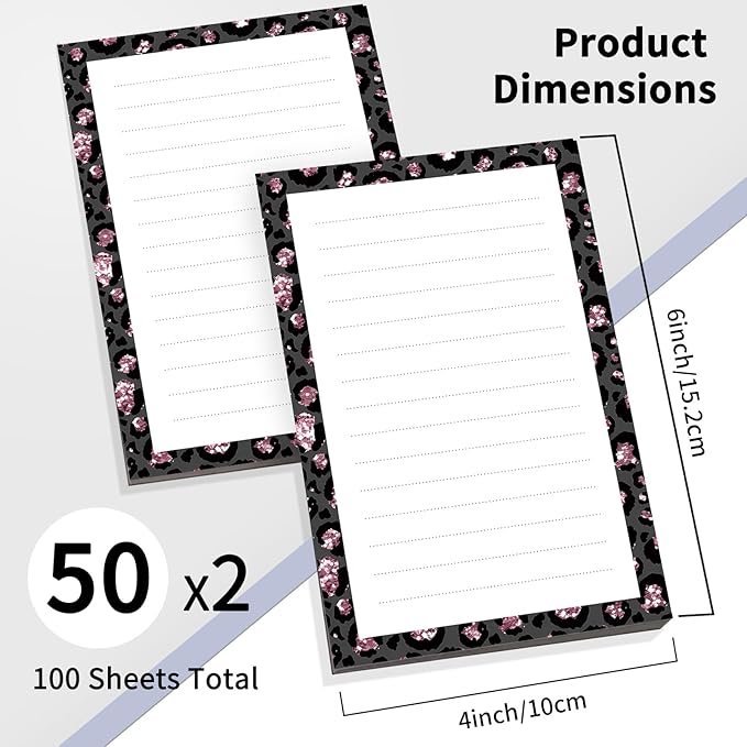 2 Pack Lined Sticky Notes 4x6 in, Cute Self-Stick Notepads with Lines, Large Memo Pads Strong Adhesive for Office, Home Sliver Black Leopard
