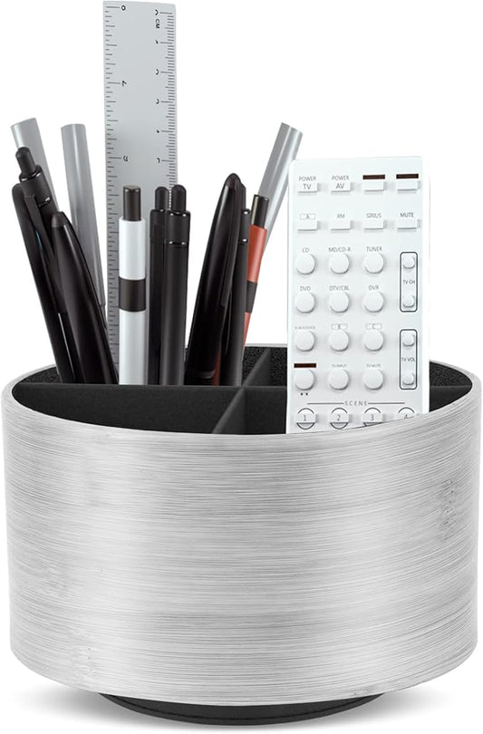 Round Leather Art Supply Organizer,Remote Control Holder,360 Degree Spinning,Multi-Functional Pencil Holder,4 Compartments Desktop Stationary Organizer(1-Light Grey2)