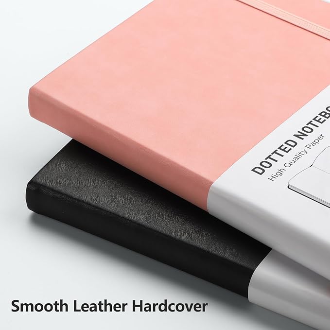 RETTACY Dotted Journal Notebook, 2-Pack, 160 Numbered Pages per Pack, A5 Medium Size (5.7'' x 8.3''), 120 GSM Thick Paper, Leather Hardcover, for Journaling, Planning, Tracking (Black & Pink)