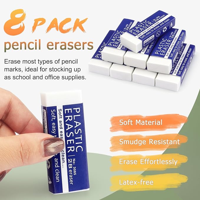 Tamaki White Erasers for Clean, Large Pencil Eraser, 8 Pack