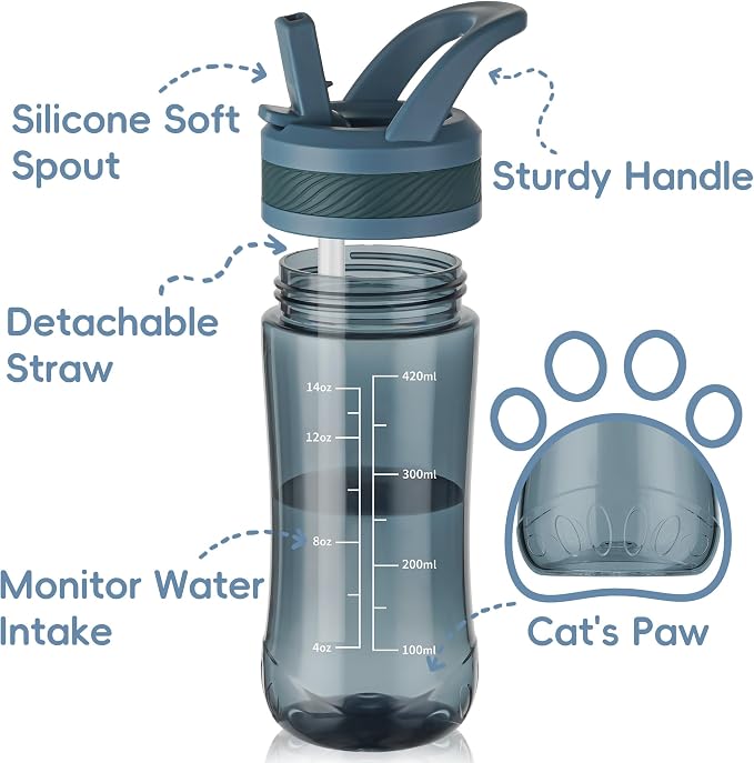 14oz Clear Kids Water Bottle with Straw Lid, BPA-Free Tritan, Measurement Scale, Sturdy Handle Wide Mouth Leak-proof Reusable Plastic Bottle for Boy& Girls, Back to School(Dark blue)
