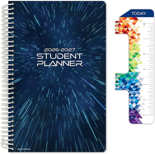 Global Datebooks 2026-2027 Middle & High School Student Planner 5.5" x 8.5" - Dated Weekly & Monthly Academic Planner with Ruler/Bookmark & Stickers, Ideal for Homework, Block Style, Galaxy
