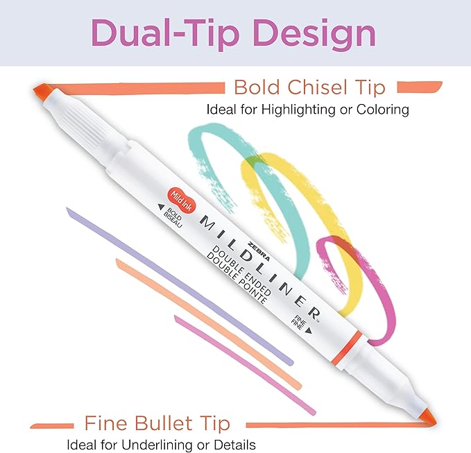 Zebra Pen Mildliner Dual-Tip Highlighter Marker Set, Broad and Fine Point Tips, No Bleed, Ideal for Bible Highlighting, Journaling, School and Office Supplies, Assorted Ink Colors, 15-Pack (78115)