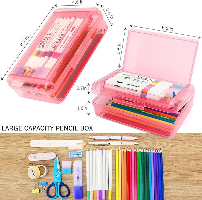 Double Layer Large Capacity Pen Box,Plastic Translucent Pencil Box, Hard Pencil Cases with Snap-Tight Lid for Pens, Pencils, School Supplies,Office Supplies, Medium-sized,1 Pack