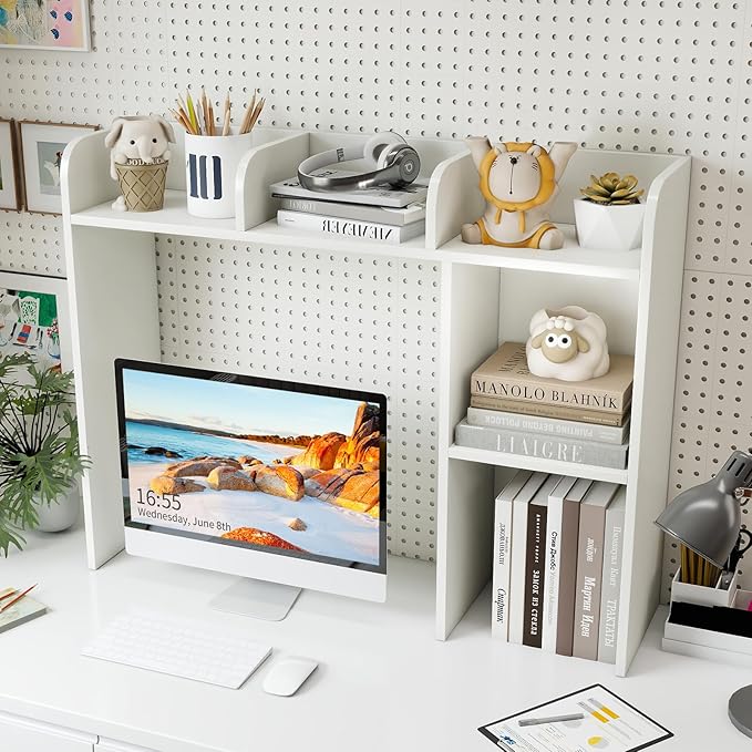 Giantex Desktop Bookshelf, Wood Desk Hutch Organizer for 27 Inch Computer Monitor, Countertop Storage Display Rack with 5 Shelves, Multipurpose Desktop Shelf Bookcase for Dorm Office Home, White