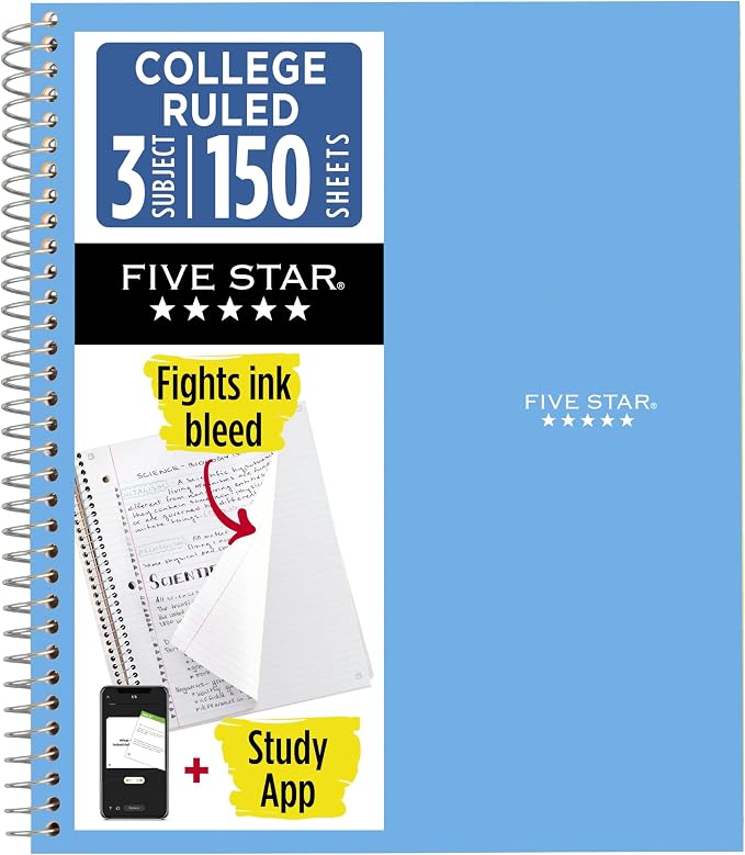 Five Star Spiral Notebook + Study App, 3 Subject, College Ruled Paper, 8.5" x 11", 150 Sheets, Blue (Color May Vary) (820003NH0)