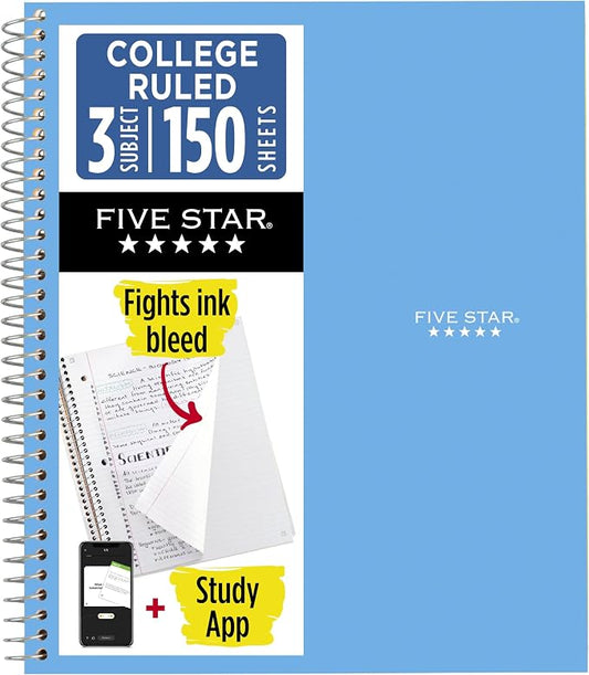 Five Star Spiral Notebook + Study App, 3 Subject, College Ruled Paper, 8.5" x 11", 150 Sheets, Blue (Color May Vary) (820003NH0)