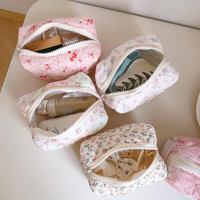 Sminra Small Quilted Makeup Pouch, Floral Cotton Cosmetic Bag for Purse, Cottagecore Zipper Pouch Organizer for Daily Essentials, Soft Mini Toiletry Pouch, Pink Floral-S