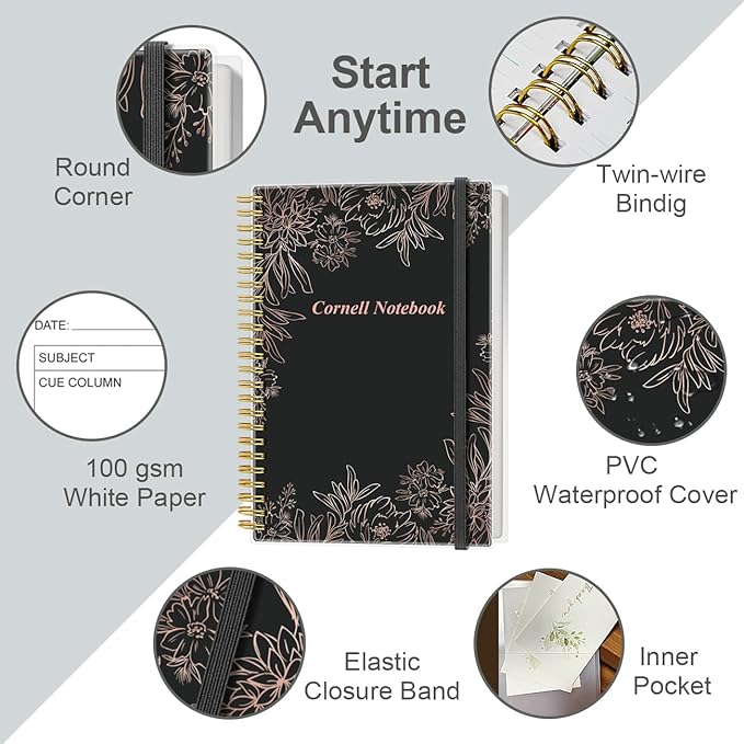 Yaridar A5 Cornell Notes Notebook - College Spiral Cornell Notebooks for Note Taking, Subject College Ruled Steno Pads for Office/School/Home, 5.8" x 8.5", Black Flower