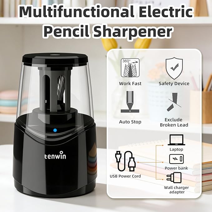 tenwin Rechargeable Pencil Sharpener for No.2 & Colored 6-8mm Pencils, Heavy Duty Electric Pencil Sharpener, Durable Helical Blade for Fast Sharpen, Home/School/Art Studio (Black)