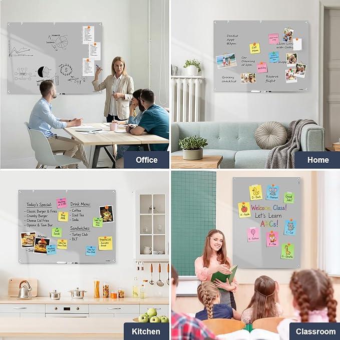 Magnetic Glass Whiteboard, TANKEE 48 x 36 Inches Glass Dry Erase Board Large White Board for Wall, Gray Frameless Whiteboard for Office School Home Classroom
