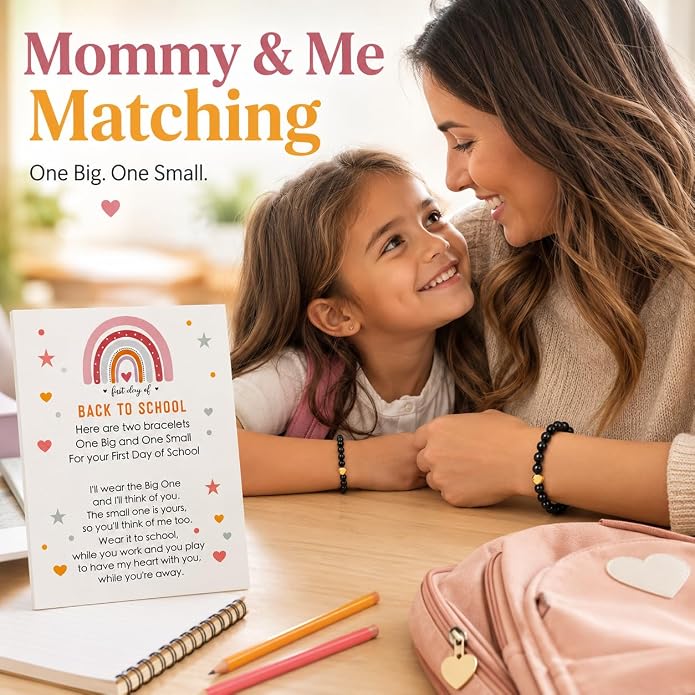 Back to School Bracelets Heart Matching Mommy and Me Elastic Wish Strings Bead Bracelets First Day of School Supplies Gifts