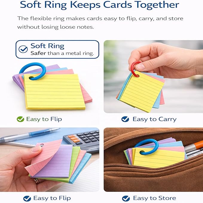 Colored Mini Index Cards 3 x 2.5 Inch,Lined Flash Cards with Soft Ring, 200 Count, Assorted Colored Note Cards for Studying, School, College, Memory Games