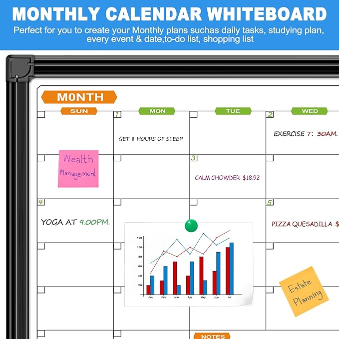 Large Magnetic Dry Erase Calendar Whiteboard Combo 72" x 40", 2 Month Whiteboard Calendar & Dry Erase Board for Wall, Wall Mounted Board with 2 Erase, 10 Marker, 12 Magnet