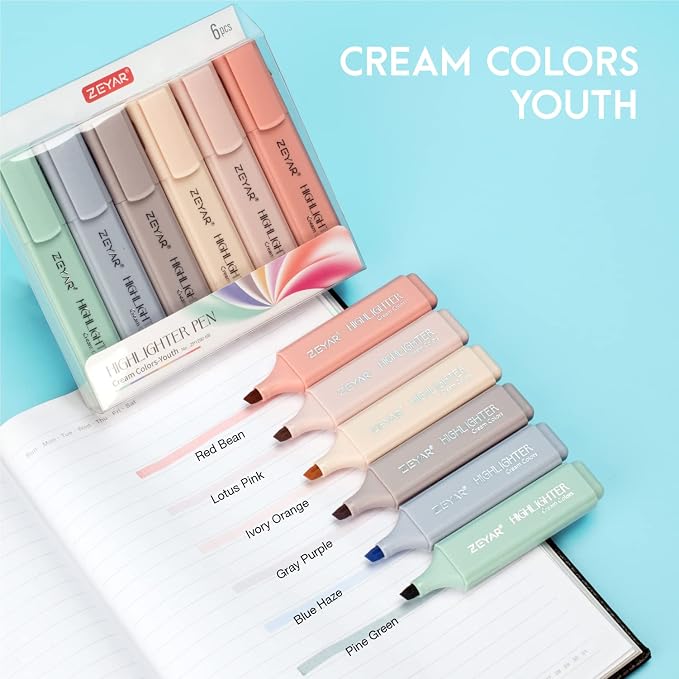 ZEYAR Highlighter Pen, Cream Colors Chisel Tip, Aesthetic Highlighter Marker, Water Based, Quick Dry, No Bleed, for Bible Study Notes Office (6 Youth Colors)