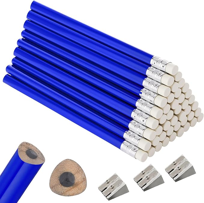 Fainne 48 Pcs Fat Pencils Jumbo Big Thick Large Pencils and 3 Pieces Sharpeners for Kids Beginners Preschoolers Kindergarten School Office Supplies(Blue+silver,Triangle)