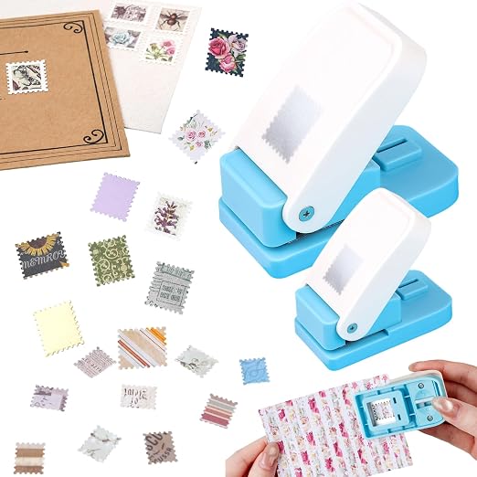 2 Pcs Stamp Punch, Rectangular Postage Stamps Punch, 1x0.8inch & Mini 0.66x0.53inch Stamp Puncher, Craft Lever Cutter Hole Stamps Paper Punches for Crafting Journaling DIY Scrapbooking Card Making