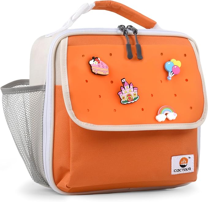 CaCTOUR Lunch Box Kids,Fun Color Lunch Box for Girls,Large Soft Cooler Lunch Bag for Kids,Back to School Thermal Insulated Lunch Tote Bag for School Daycare Outdoor (Orange Beige)