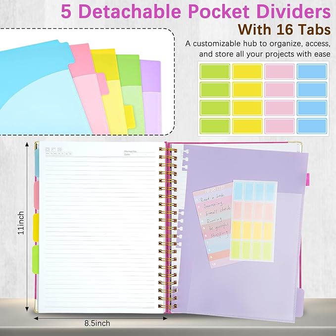 Hardcover Spiral Notebooks for Work 8.5''x 11'', 300 Pages 5 Subject Notebook with Dividers & Tabs, A4 Spiral Journal for Women, College Ruled Notebooks for School Note-Taking (Rose Purple)