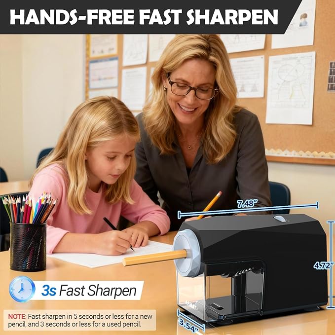 AFMAT Electric Pencil Sharpener, Fast & Hands-Free, 10K+ Uses, 5 Nibs, Fully Automatic Pencil Sharpener for Classroom, Heavy Duty Sharpeners for No.2/Jumbo/Colored Pencils (φ6.5-10.5mm) US Plug(120V)