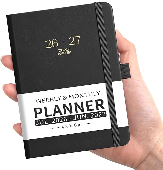 EMSHOI Pocket Calendar 2026-2027, Small Mini Academic Planner Weekly and Monthly, July 2026-June 2027, School Student Teacher Agenda, Leather Hardcover, 100GSM Paper, Tabs, A6 4.3"x6", Black