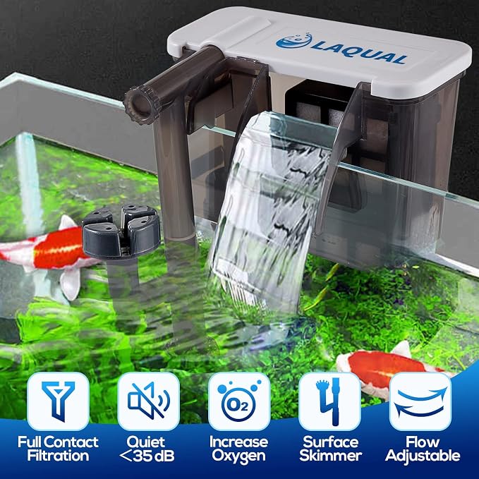 LAQUAL Aquarium Filter with Surface Skimmer, 15-30 Gallon Small Fish Tank Filter, Full Contact & 3 Layer Filtration, Quiet & Efficient, Waterfall Design for Increasing Oxygen, Hang on Back Filter