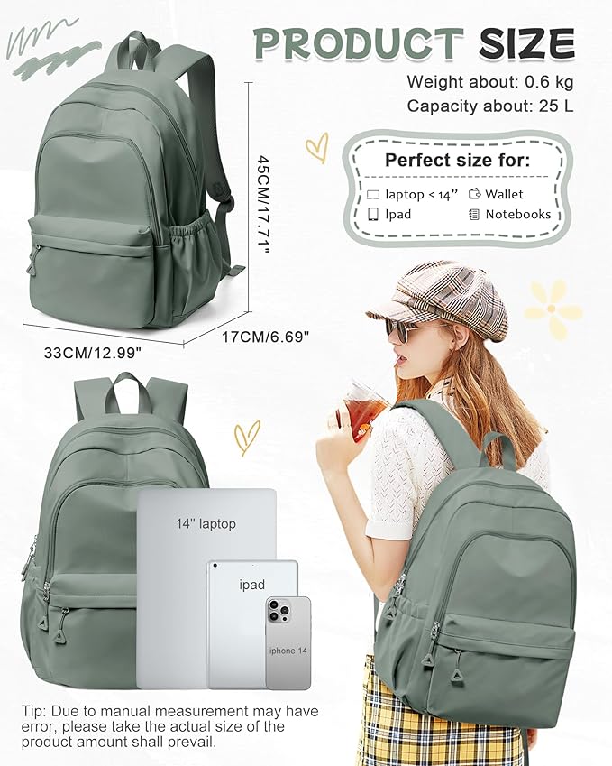 BJLFS Green Cute School Backpack with Laptop Compartment Small Travel Laptop Backpack for Women Men Waterproof College Backpack Simple School Bag for Teens Girls Boys
