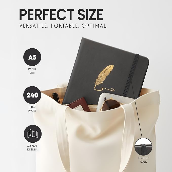 EVERLINEA 5.6” x 8.3” Embossed Quill A5 Hardcover Notebook, 240 Dotted Pages, Black Graphite