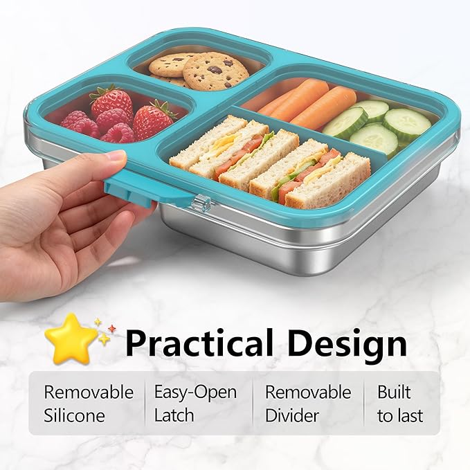 HOMEKOL Stainless Steel Bento Lunch Box, 3-Compartment Leak-Proof Metal Lunch Container for Kids & Adults, BPA-Free, Dishwasher Safe, Clear Tritan Lid, 4.2Cups/1000ml Blue (Not Insulated)
