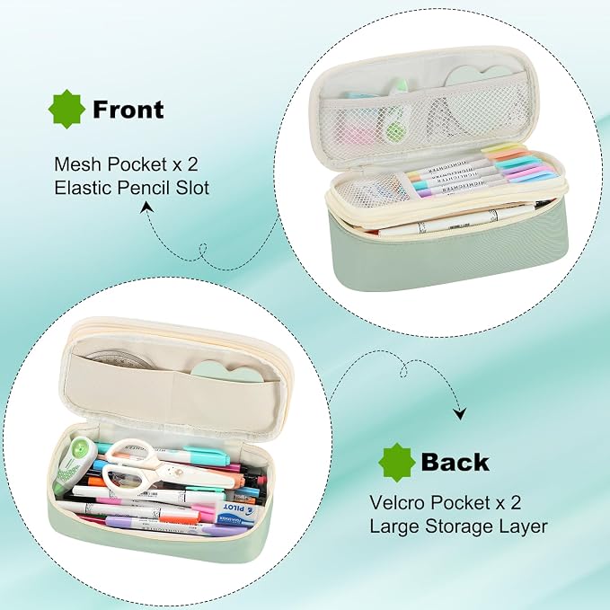 Large Pencil Bag for Girls Teens Kids School Pencil Case Organizer Green | Zipper Pencil Pouch Big Cute Stationery Aesthetic Pencil Box for School Office, Wear-resistant Fabric, Large Capacity Design