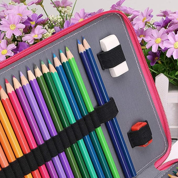 BTSKY 200 Slots Colored Pencil Organizer - Deluxe PU Leather Pencil Case Holder With Removal Handle Strap Pencil Box Large for Colored Pencils Watercolor Pencils (Pink)