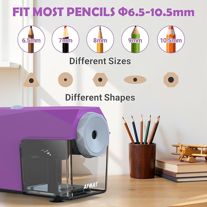 AFMAT Electric Pencil Sharpener, Fast & Hands-Free, 10K+ Uses, 5 Nibs, Fully Automatic Pencil Sharpener for Classroom, Heavy Duty Sharpeners for No.2/Jumbo/Colored Pencils (φ6.5-10.5mm) US Plug(120V)